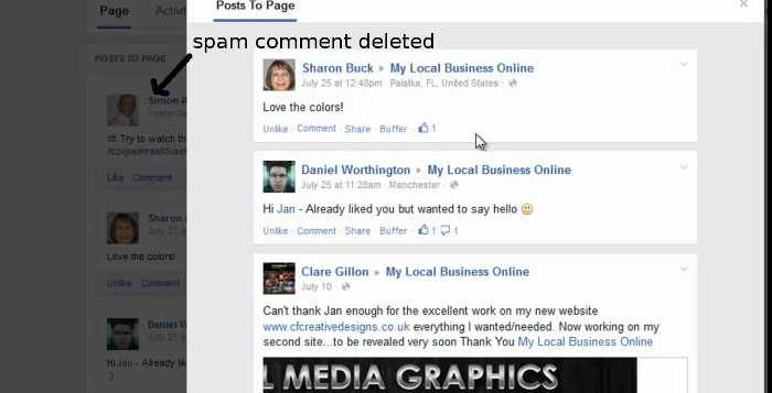 Delete Facebook Page comment part 4 - spam comment disappears from the lightbox and your Facebook Page will refresh when you close the pop up